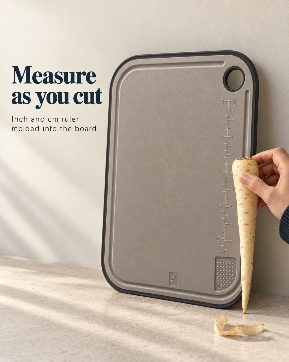 Kept draft of the same ad: a hand holds a parsnip along the board's ruler, headline Measure as you cut.