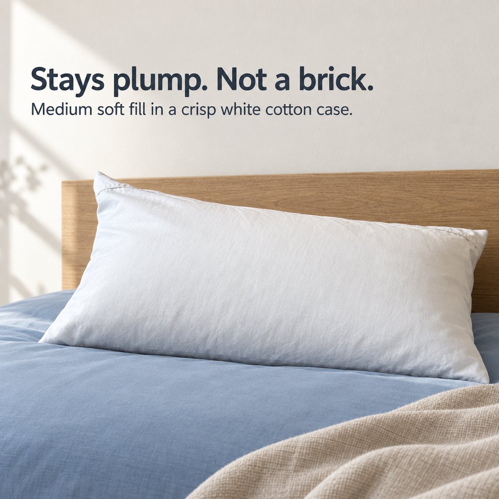 Finished ad of the same pillow on a made bed, headline Stays plump. Not a brick.