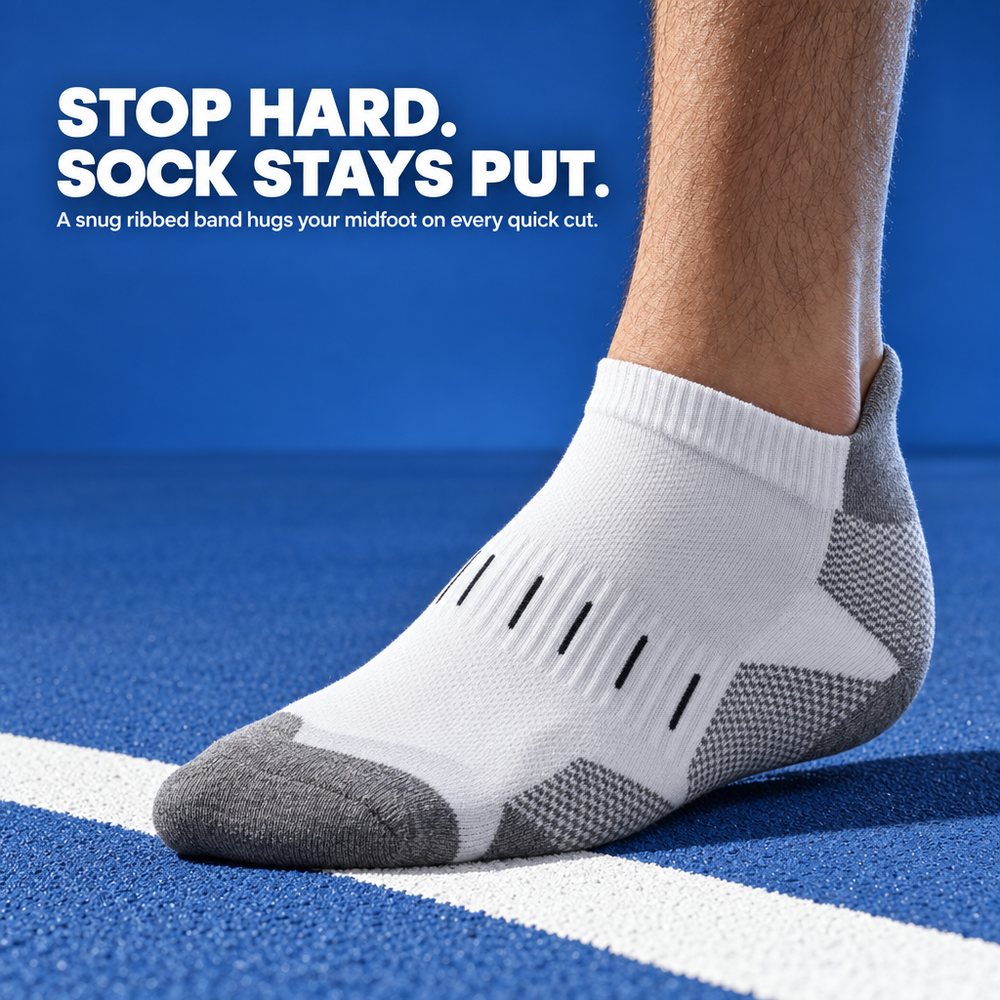 Finished ad of a white tennis sock on a blue court, headline Stop hard. Sock stays put.